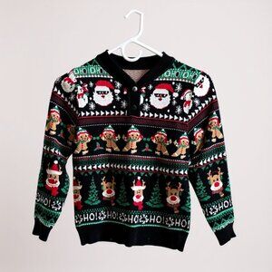 Christmas V-Neck Girls Sweater 10T Black and Red Santa Reindeer Gingerbread Men
